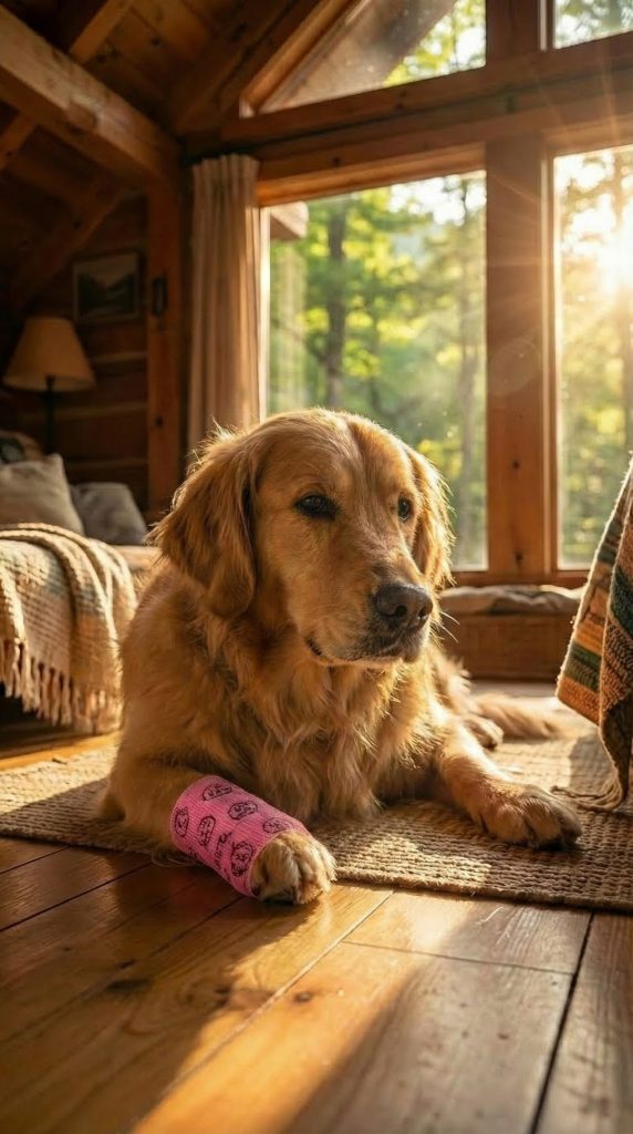 perro con vendaje rosado en recuperación