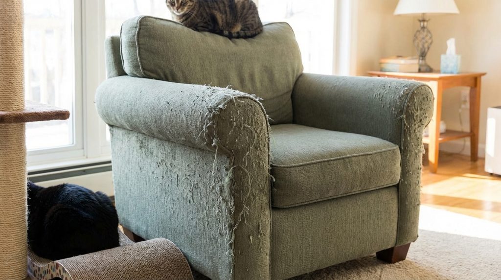 ¿Cómo evitar que mi gato rompa el sillón? SILLON RASGUNADO POR GATOS RASCADOR GATO ARANE 1024x572